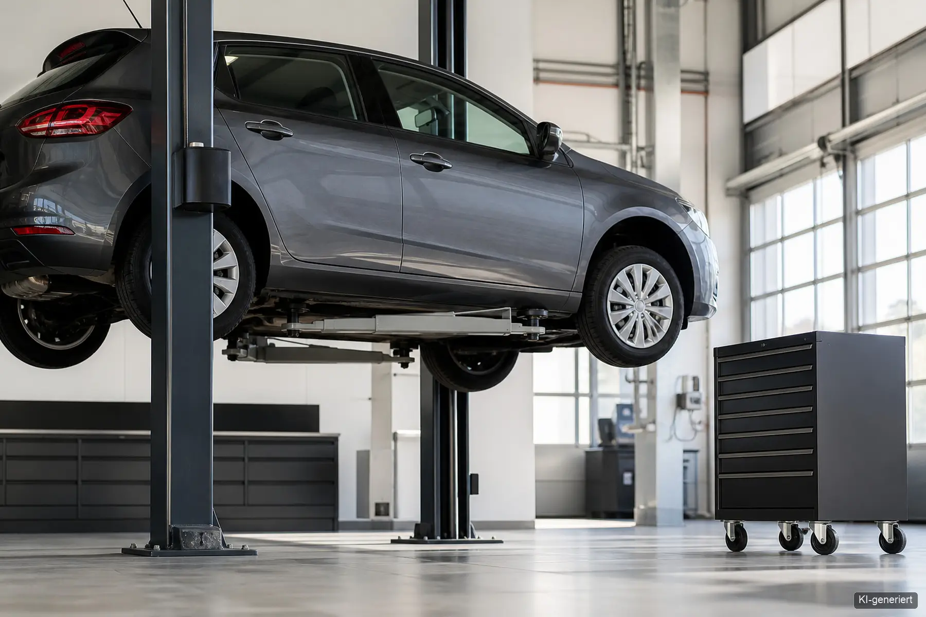Moderner Arbeitsplatz in einer Kfz-Werkstatt mit Hebebuehne und Werkzeugwagen