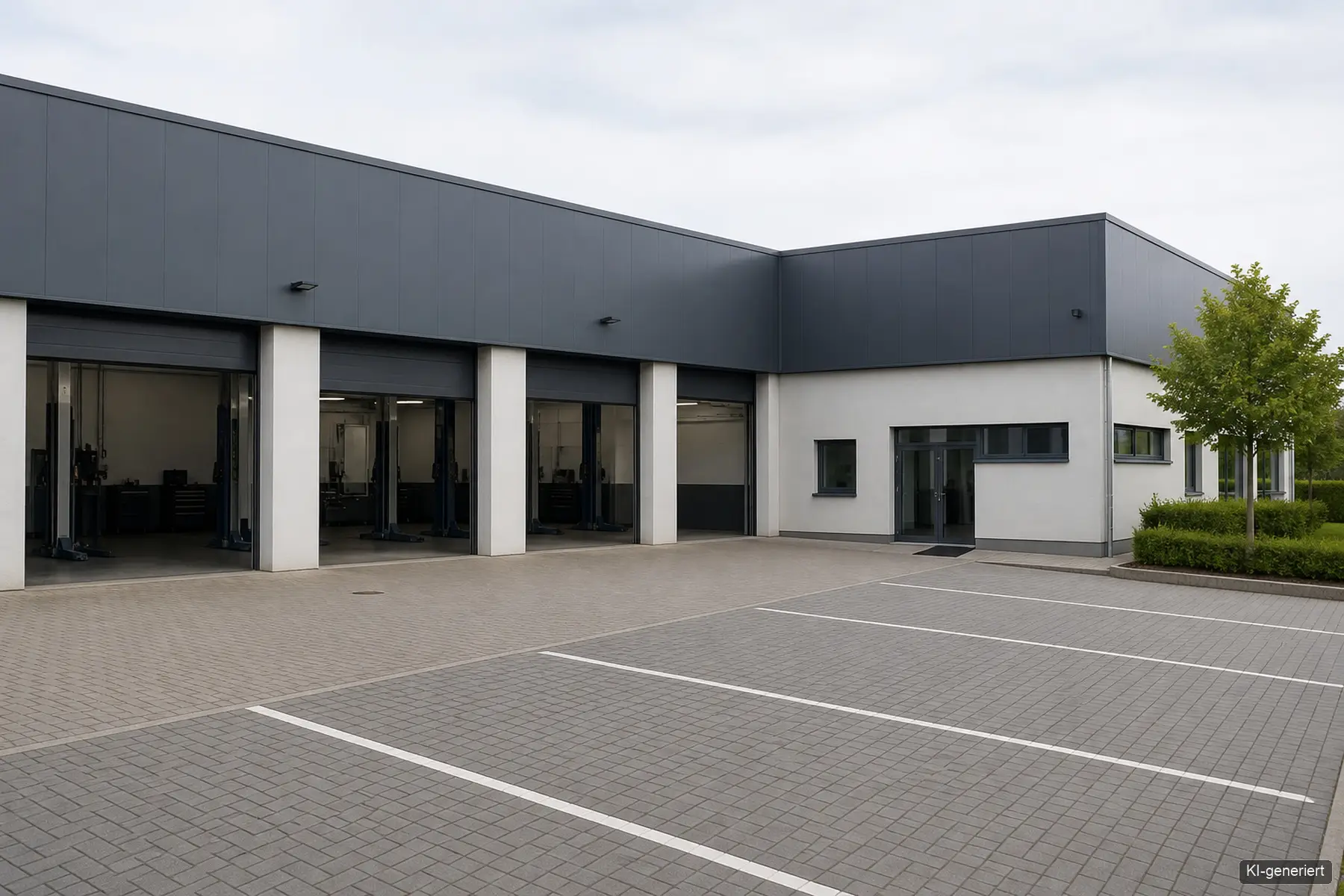 Aussenansicht eines Werkstattgebaeudes mit offenen Rolltoren und markierten Parkplaetzen