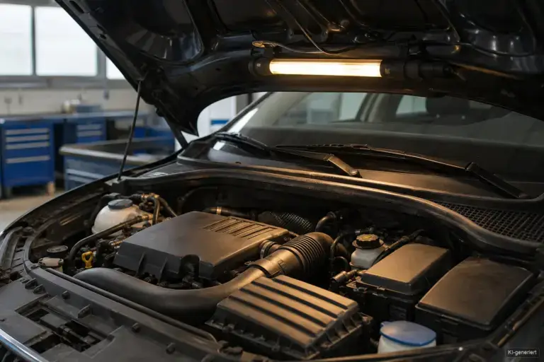 Geöffnete Motorhaube, eine Werkstattlampe beleuchtet den Motorraum