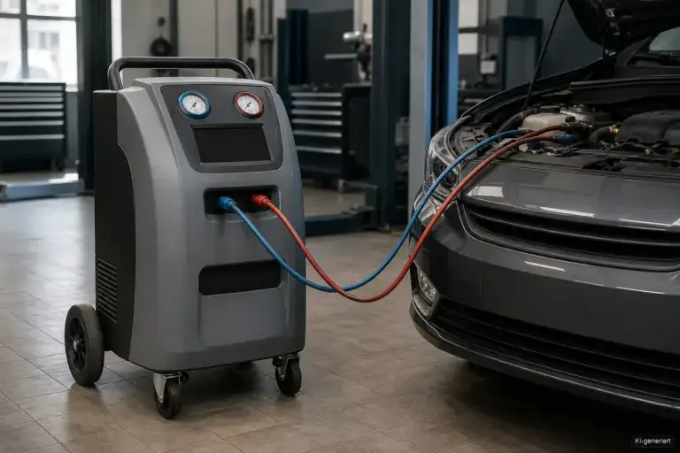 Klimaservicegerät mit angeschlossenen Schläuchen am Fahrzeug