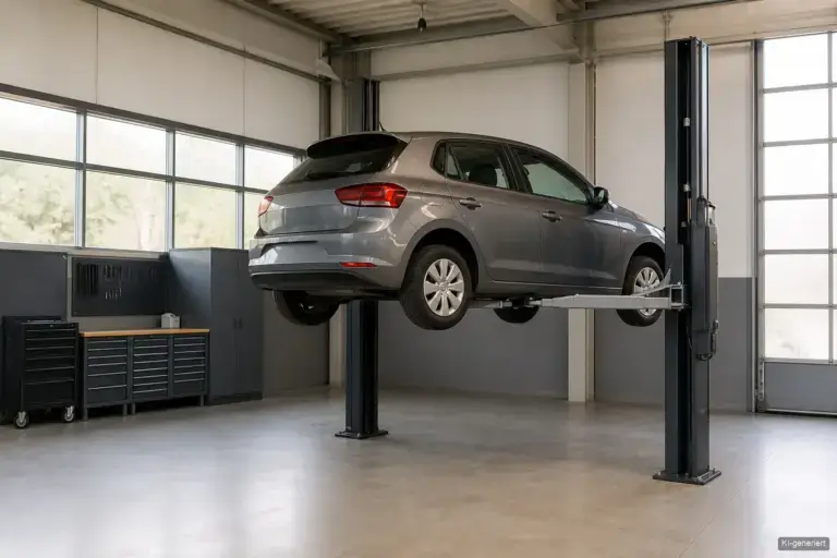 Fahrzeug auf einer Hebebühne in der Werkstatthalle